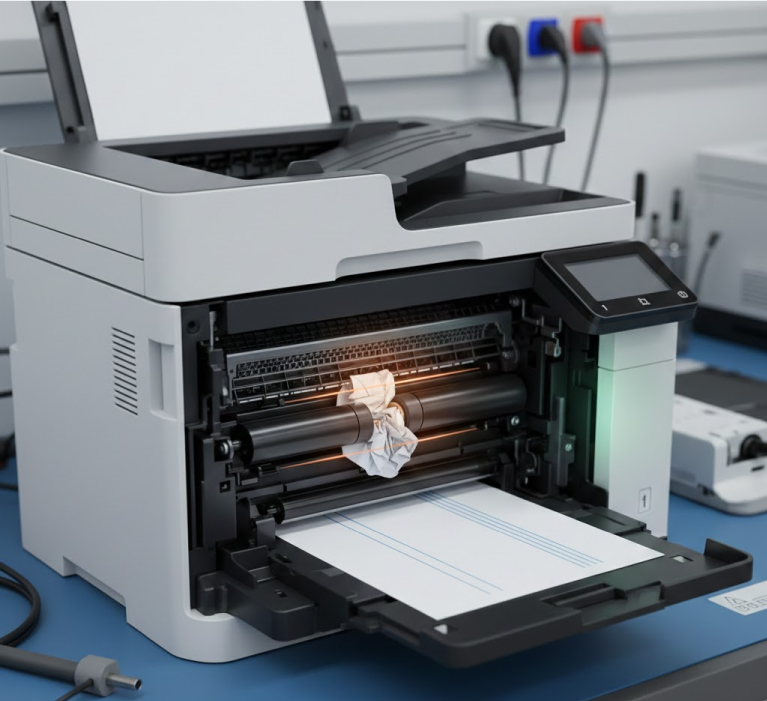 Printer with paper jam issue visible