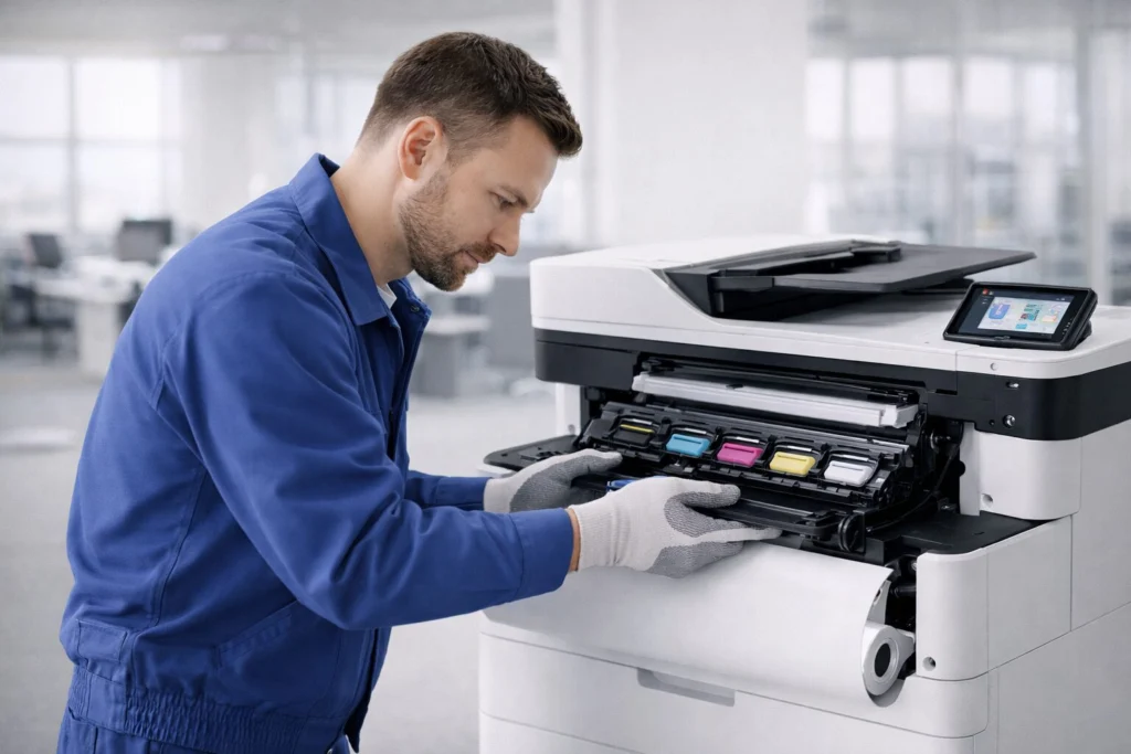 Man servicing a color printer.