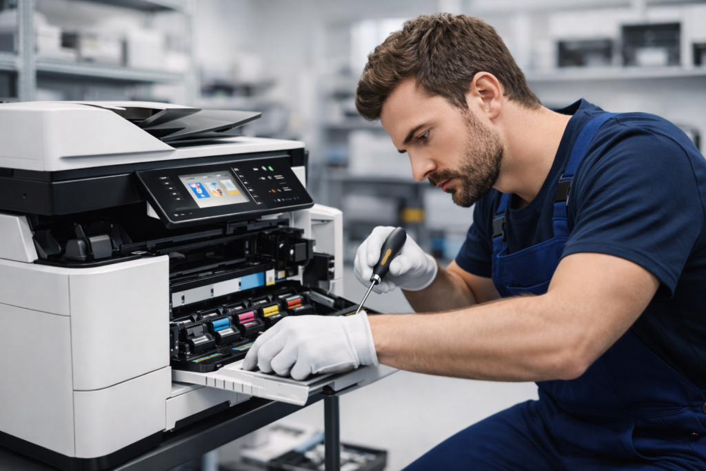 HP LaserJet printer repair technician servicing an office printer