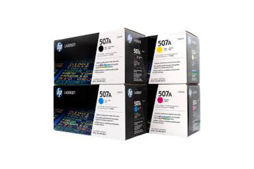 Four toner cartridge boxes displayed